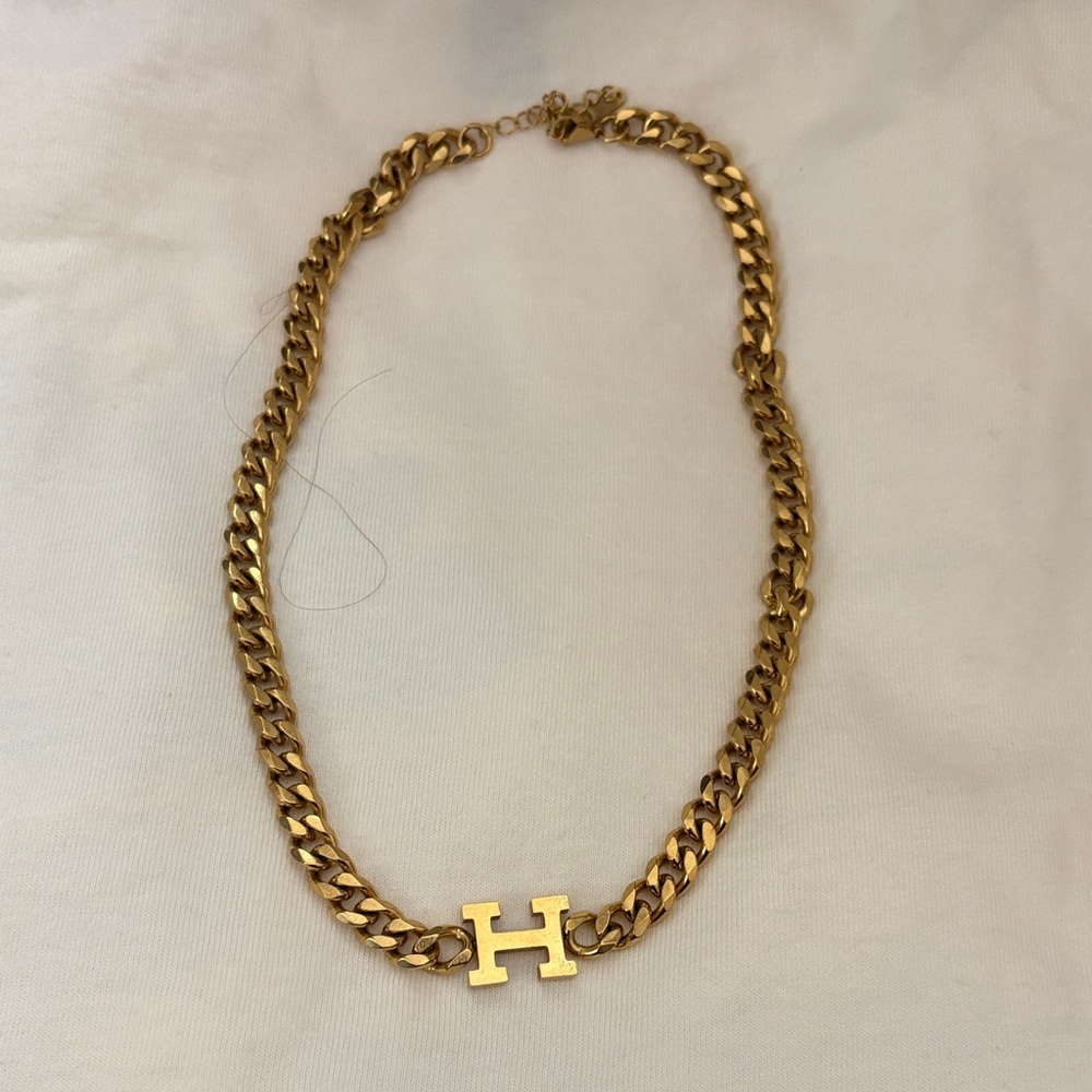 Gold Chain Necklace with H Pendant 16 in with extender